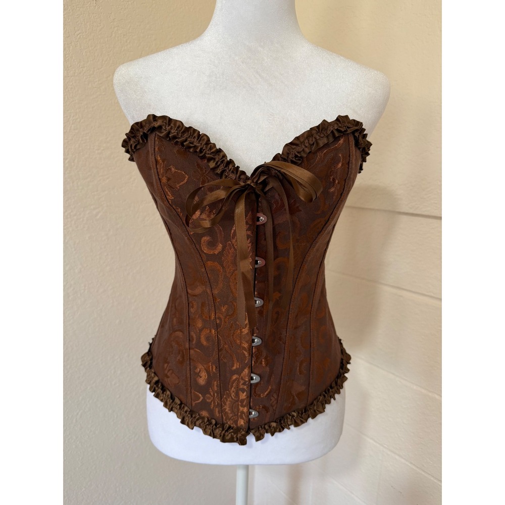 Unbranded Brocade Corset Top Womens S Brown Victorian Steampunk Ruffle Lace Up
